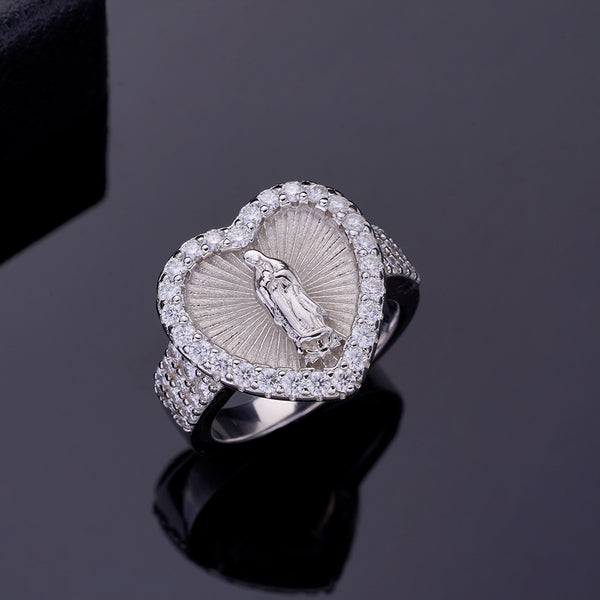 Men's Rhodium Plating Cubic Zirconia Our Lady Of Guadalupe Virgin Mary Ring Diamond Heart Religious Nugget Ring Size 7-9