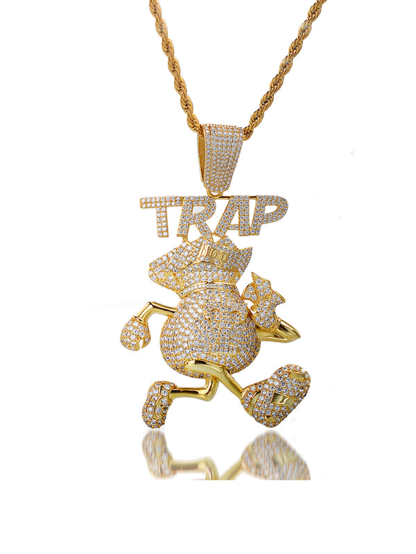 Hip Hop Iced Out Trap Letter Pendant 14K Gold Plated Diamond Cubic Zirconia Bubble Money Bag Necklace for Men Boy Friend Gift