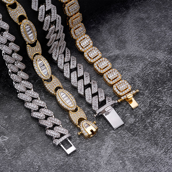White Gold Plated 14MM VVS D Color Moissnaite Diamonds Baguette Cuban Link Chain Necklaces