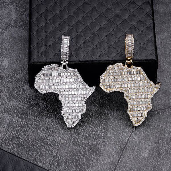 Iced Out Jewelry 925 Sterling Silver Moissnaite Baguette Simple Africa Map Pendant Charm