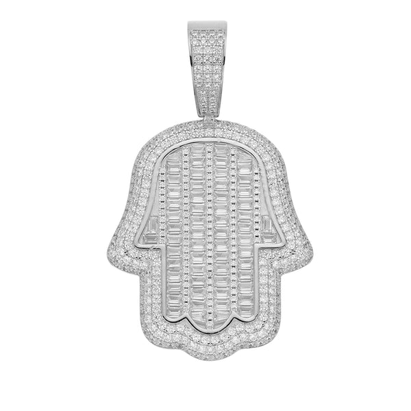 925 Silver Baguette Moissanite Carved Hasma Hand Pendant