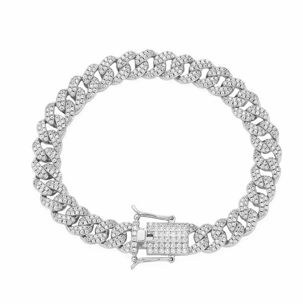 White Gold Plated 9mm S925 Moissanite Prong Cuban Link Chain Bracelets