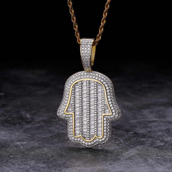 925 Ice Jewelry Mens Womens Hot Hip Hop 14K Gold Plated Micro Iced Out Hamsa Hands Pendant Sterling Silver