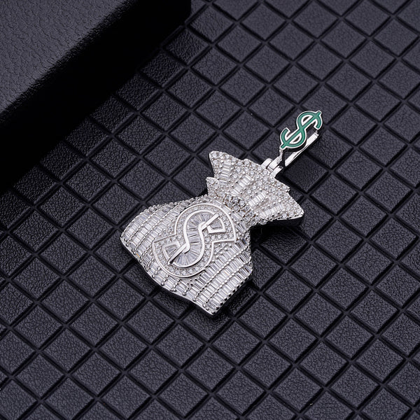 Baguette Moissanite Green Enamel Dollar Sign Money Bag Pendants