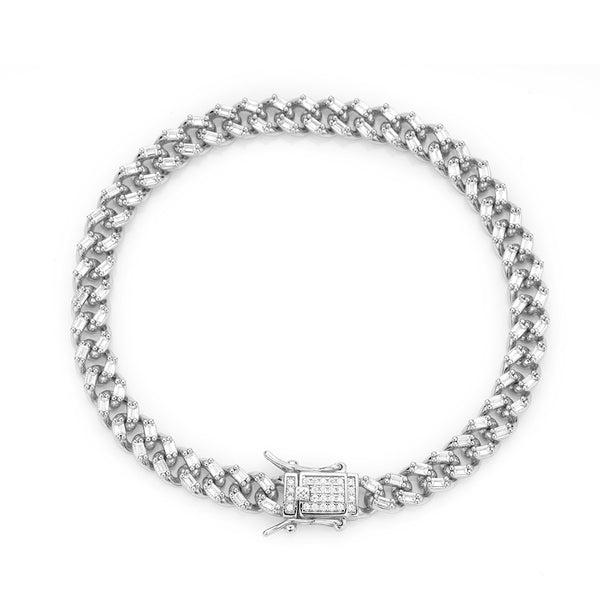 Hip Hop Jewely 6mm Baguette Diamond Prong 925 Silver Cuban Link Chain Fashion Bracelet For Women 6.5 To 7.5 Inch