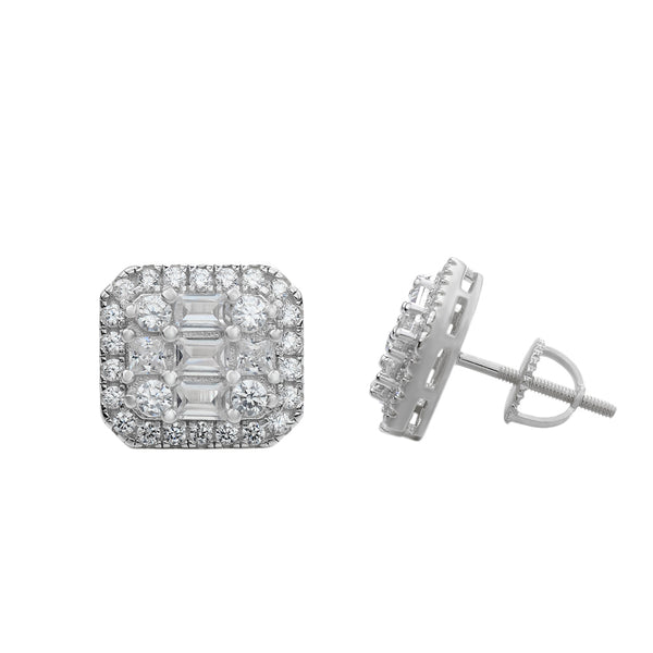 18K White Gold Plated Shiny Baguette Moissniate Diamonds Silver Metal Square Stud Earrings