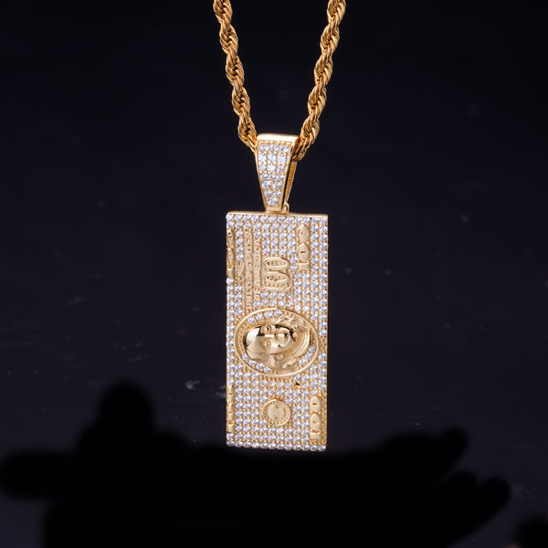 925 Sterling Silver Benjamin's One Hundred Dollar Bill Money $ Pendant & Charm 14k Gold Plated Rhodium Plated