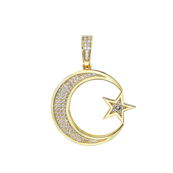New Iced Out Simulated Diamond 925 Sterling Silver Cz Moon and Star pendant Mens