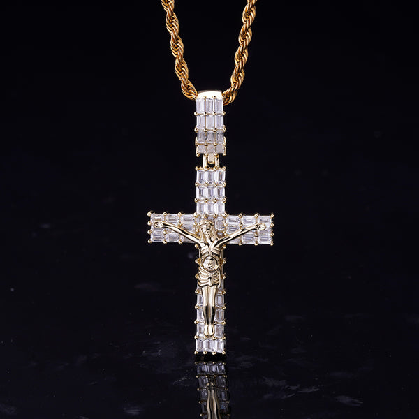 Iced Out Baguette CZ Classic Ankh Cross Pendant Necklace 14K Gold Plated Hip Hop Jewelry for Men Women